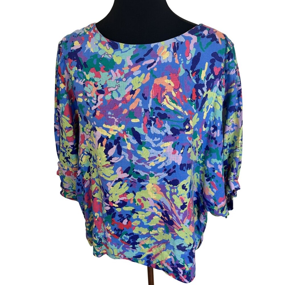 Impressions Womens Linen Blouse Abstract Blue Multicolor Small